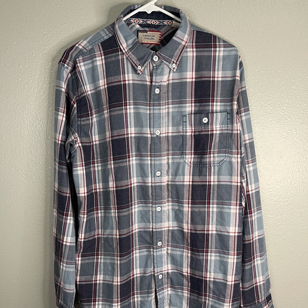 American Threads Burnout Flannel Stone Wash Blue Top Button Down Long Sleeve